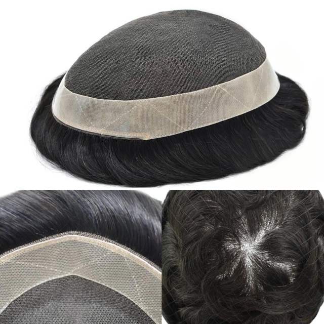 LYRICAL HAIR Mens Toupee French Lace Center Hair Replacement System for Men Lace Easy Tape Attached Mens Hairpiece Skin PU Around Hair Replacement Wigs for Men