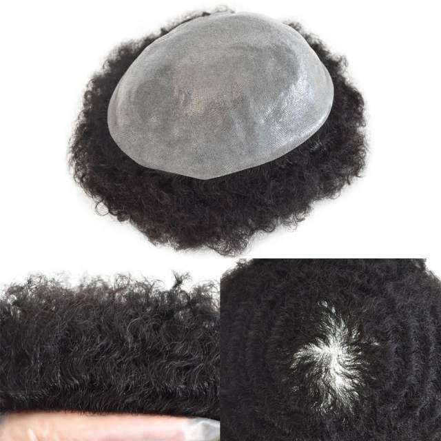 LYRICAL HAIR Units for Black Men Thin Skin African American Men 100% Brazilian Human Hair Replacement System Full Poly Afro Curly Wave Mens Hairpieces