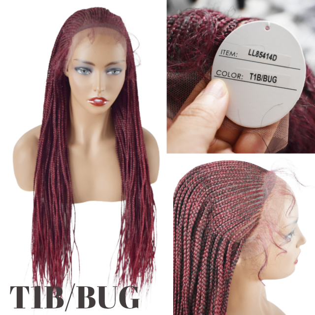 Cornrows Front Undetectable Hairline Swiss Lace Front Micro Cornrow 12" x 5" Back Slick Top Part Full Afro Braided Wigs With Baby Hairs 30" Long Japanese Kanekalon Synthetic Fiber Heat-Friendly Black Mix Red Color T1B/BUG