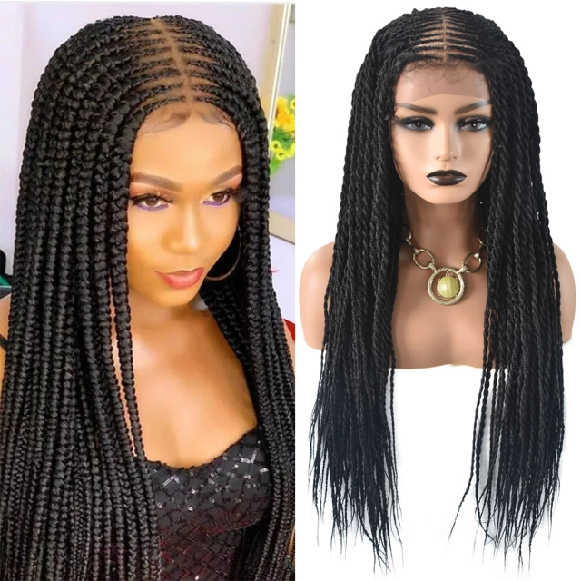 LyricalWigs 31" Long Braids Lace Front Wigs Hand Tied Heat Resistant Fiber Braided Hairstyle Box Braids Natural Looking 11"x5.5"For Black Women