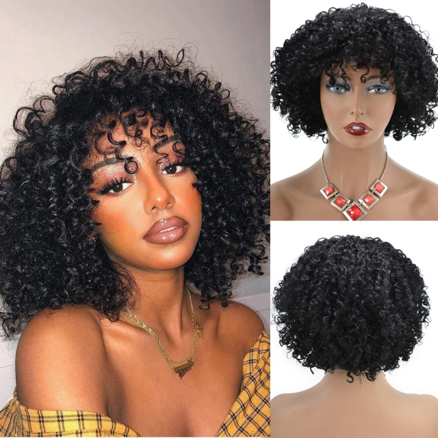 LyricalWigs Afro-American Human Hair Curly Kinky Indian Remy Wigs For Black Women Natural Looking High Quality Afro Short Hair Wig Full Classic Cap Wig