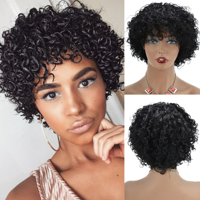 LyricalWigs Afro Kinky Curly Full Cap Wig Human Hair For Black Women Fashionable Off Black 4-8 Inches Soft Breathable Comfortable Hairpiece