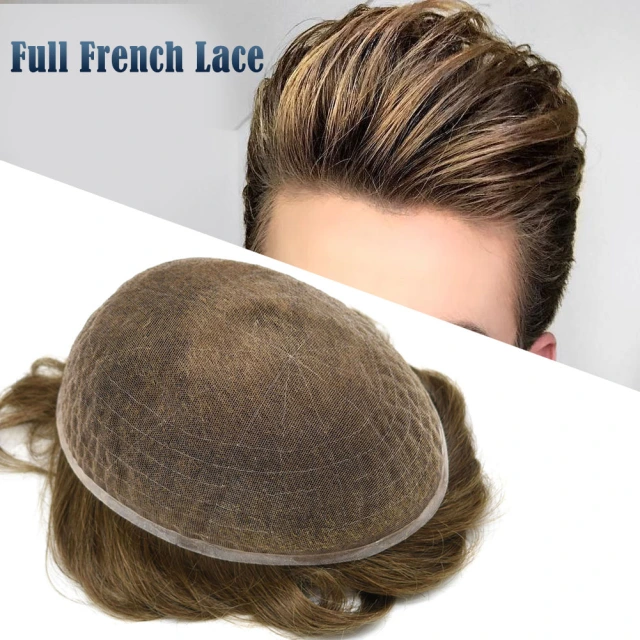 Lyrical Wigs Men's Toupee Full French Lace Mens Hair System Invisible Swiss Lace Bleached Knot Lace Front Men's Toupee with Natural Hairline 100% Human Hair