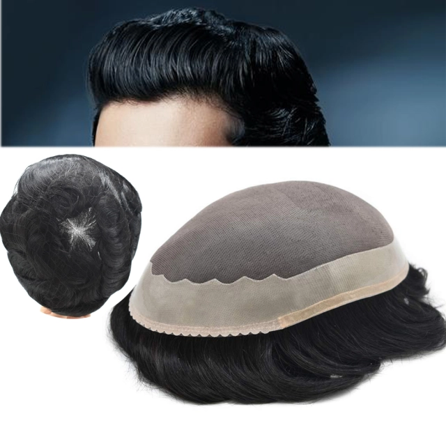 LYRICAL HAIR Mens Toupee Durable Fine Mono Poly Coating Around Hairpiece Wig for Men 1/8"Folded Fine Welded Mono Front Mens Hair System Replacement Human Hair Piece Units
