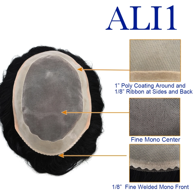 Lyrical Wigs Mens Toupee ALI 1 Fine Mono Durable Men's Hair System Poly Coating Perimeter And All Sizes Black Hair Color /8 inch Folded Fine Welded Mono Front Human Hair