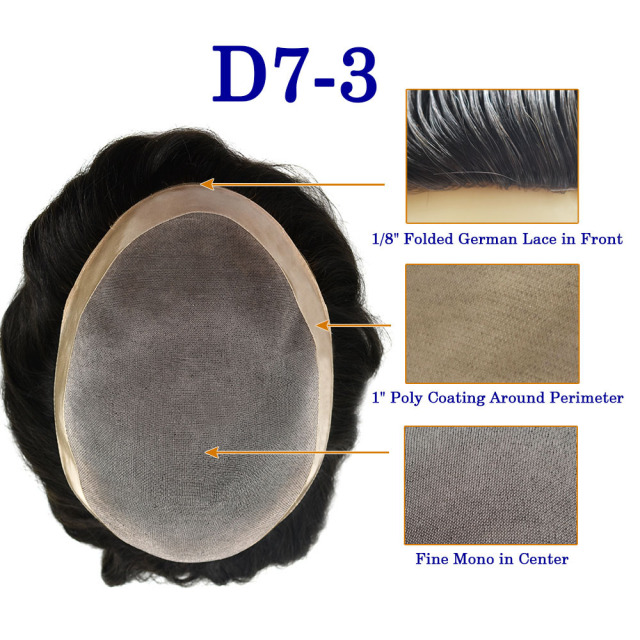 Lyrical Wigs Men Toupee D7-3 Fine Mono Center Easy Tape Around PU Perimeter Wear Durable Hair System Replacement Medium Density