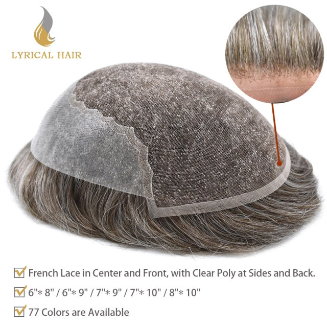 Lyrical Wigs Men Toupee French Lace Front Men's Hair System Toupee Tape-Attached Poly Around Lace Front Hair Natural Invisible Bleached Knot Natural Hairli