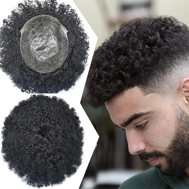 LYRICAL HAIR Mens Toupee PU AFRO African Curly Afro Hair Unit For Black Mens Curly System 100% Human Hair African American Full Skin Wigs For Black Men 6MM 8MM 10MM 12MM Weave