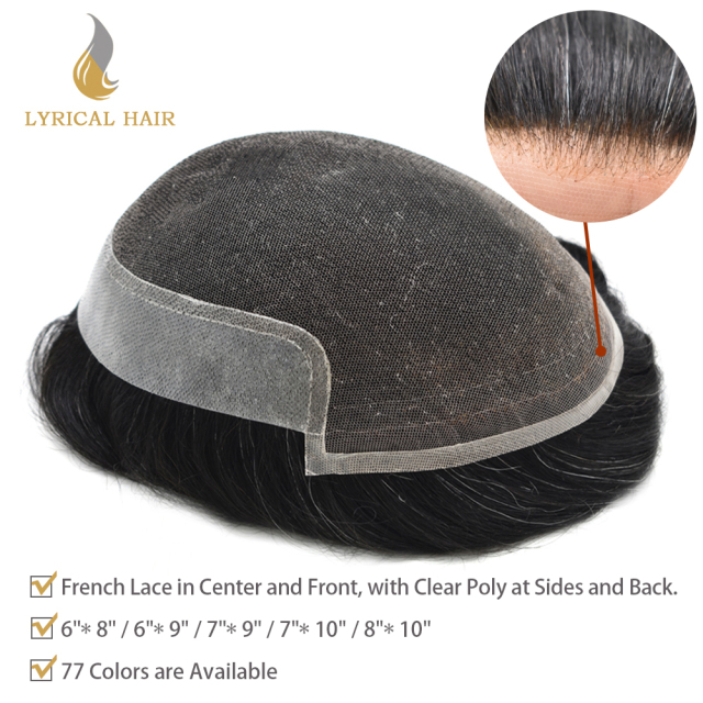 Lyrica Wigs Men Toupee BX2 French Lace Human Hair Mens Hair System Swiss Lace Front Natural Hairline Poly Coating At Sides And Back Reforced Mens Toupee Slight Wave Mens Human Hairpieces