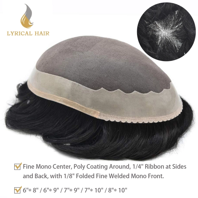 LYRICAL HAIR Mens Toupee Durable Fine Mono Poly Coating Around Hairpiece Wig for Men 1/8"Folded Fine Welded Mono Front Mens Hair System Replacement Human Hair Piece Units