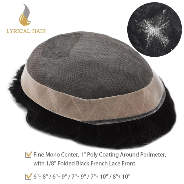 LYRICAL HAIR Fine Mono Mens Toupee 1" Poly Coating NPU Around Hair Piece Unit 1/8" Folded Lace Front Hair System Replacement for Men Wigs