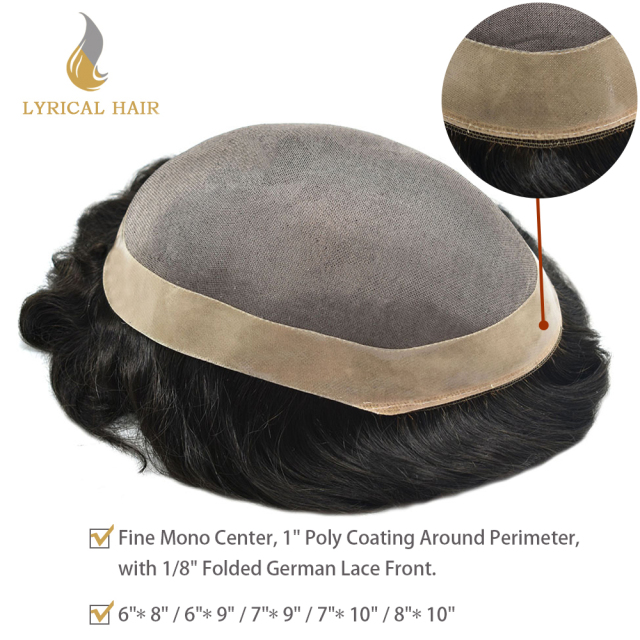 LYRICAL HAIR Durable Fine Mono Mens Toupee 1" Poly Coating NPU Around Hair System Replacement for Men 1/8" Folded German Lace Front Mens Human Hair Piece Units
