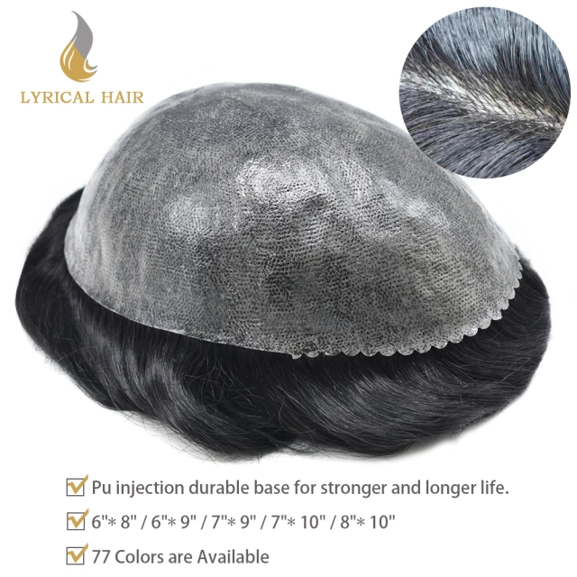 Lyrical Wigs Men's Toupee PAPY-J Injected PU Human Hair System Transparent Skin Full Poly Replacement Hairpiece Wig Durable Hair Unit
