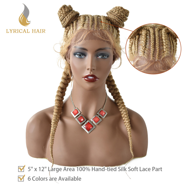 LyricalWigs 2 Ponytails Styled Premium Swiss Lace Braided Wigs For Black Women Twist Box Braides Wigs Baby Hair  Premium Quality Kanekalon Heat Friendly Synthetic Lace Braided Wigs