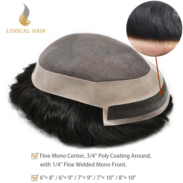 LYRICAL HAIR Toupee for Men Durable Fine Mono Center 3/4" Poly Coating NPU Around Mens Hair System Replacement 1/4" Fine Welded Mono Front Human Hair Piece Unit
