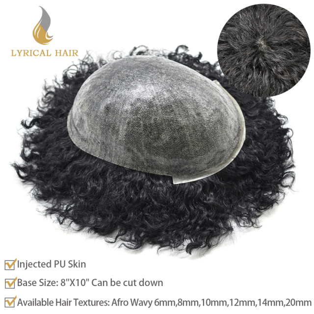 LYRICAL HAIR Mens Toupee PU AFRO African Curly Afro Hair Unit For Black Mens Curly System 100% Human Hair African American Full Skin Wigs For Black Men 6MM 8MM 10MM 12MM Weave