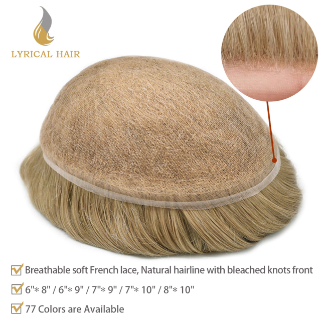 Lyrical Wigs Men's Toupee Full French Lace Mens Hair System Invisible Swiss Lace Bleached Knot Lace Front Men's Toupee with Natural Hairline 100% Human Hair