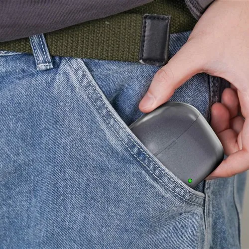 Ready-to-wear rechargeable BTE hearing aid charging case carried in a pocket