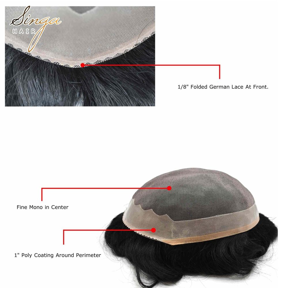 AAA-1: Durable Fine Mono Indian Remy Hair Natural Mens Toupee Poly Coating Around Hair System Comfortable Men Replacement Hairpieces