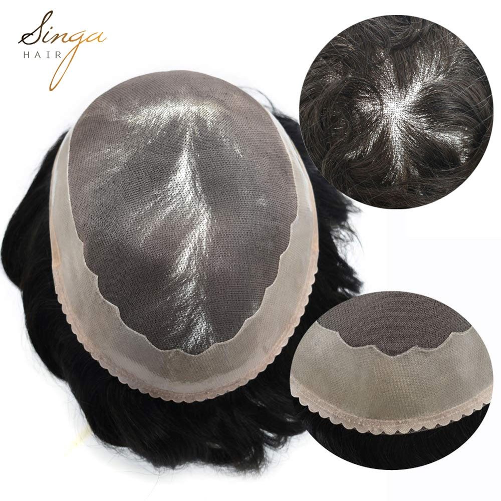 AAA-1: Durable Fine Mono Indian Remy Hair Natural Mens Toupee Poly Coating Around Hair System Comfortable Men Replacement Hairpieces
