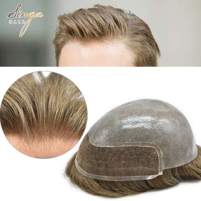 BIO: Lace Front Toupee Men Thin Durable Skin Hair Unit BIO Mens Indian Remy HairPieces 8X10" Natural Prosthesise Hair Replacement