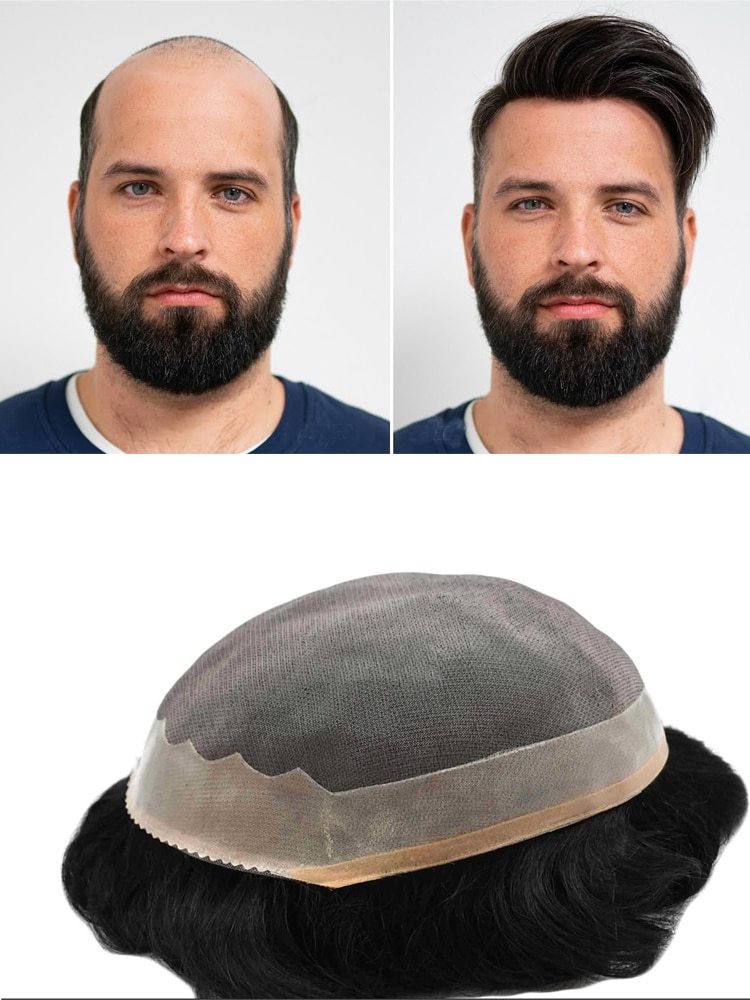 AAA-1: Durable Fine Mono Indian Remy Hair Natural Mens Toupee Poly Coating Around Hair System Comfortable Men Replacement Hairpieces