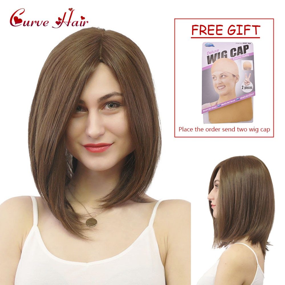 Synthetic Hair Lady Short Wigs Mix Brown Blonde Wig With Side Bangs Low Temperature Fiber Hand Tied Monofilament  Women Wigs