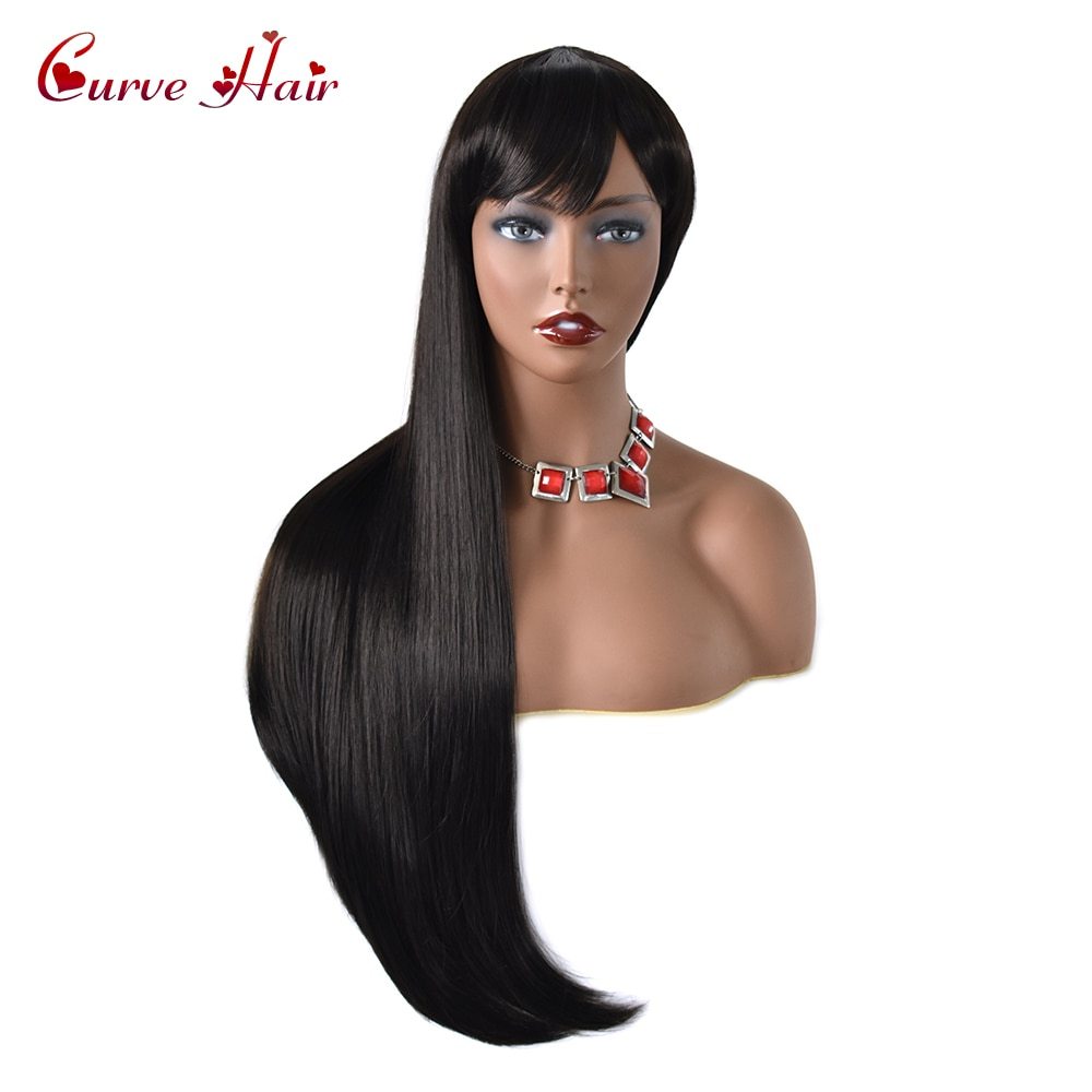 Straight Hair Black Synthetic Wig With Bangs Women's Fashion Female Cosplay Party Christmas 32 Inch Super Long Full Cap Wigs