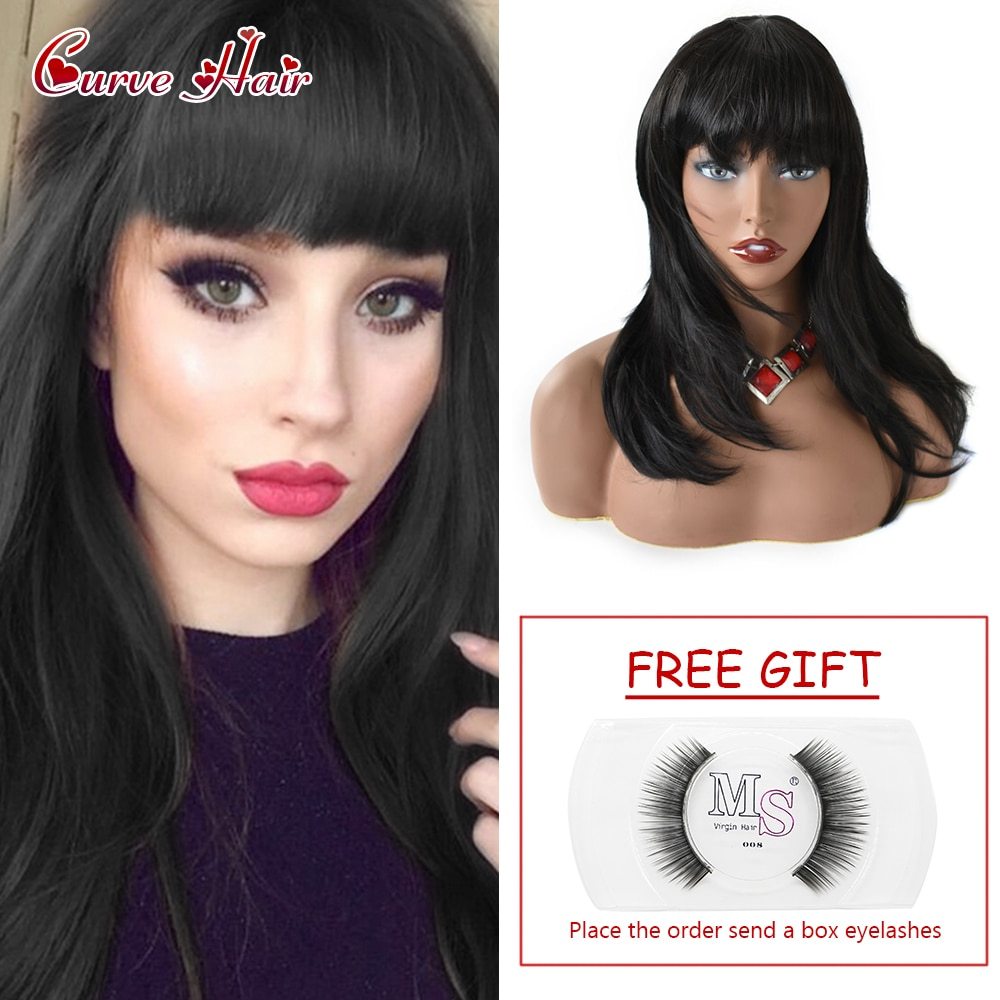 Full Cap Synthetic Wigs Long Straight Natural Black Hair Female Bang Hairstyle Wigs Heat Resistant Synthetic Fiber Women's Wig