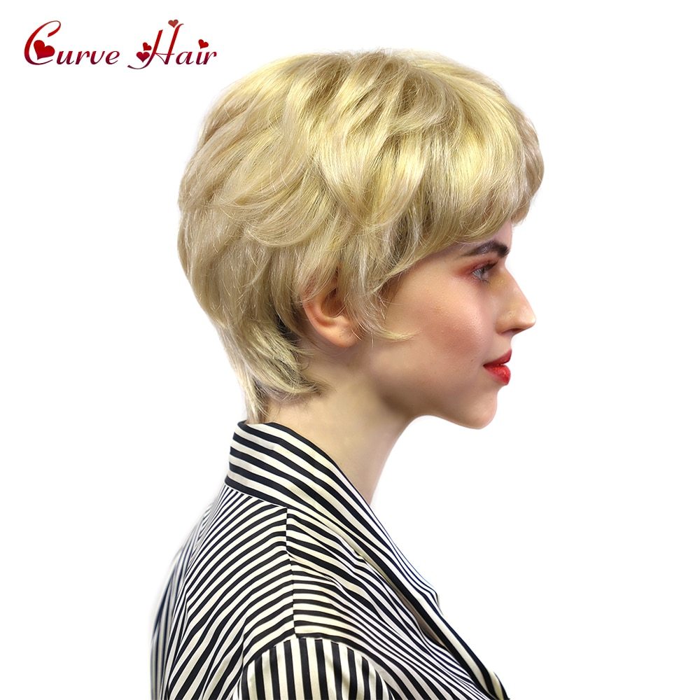 Women's Wig Fashion Blonde Female Short Wig With Bangs Synthetic Hair None Lace Front Hand Tied On Top Natural Look Lady Wigs
