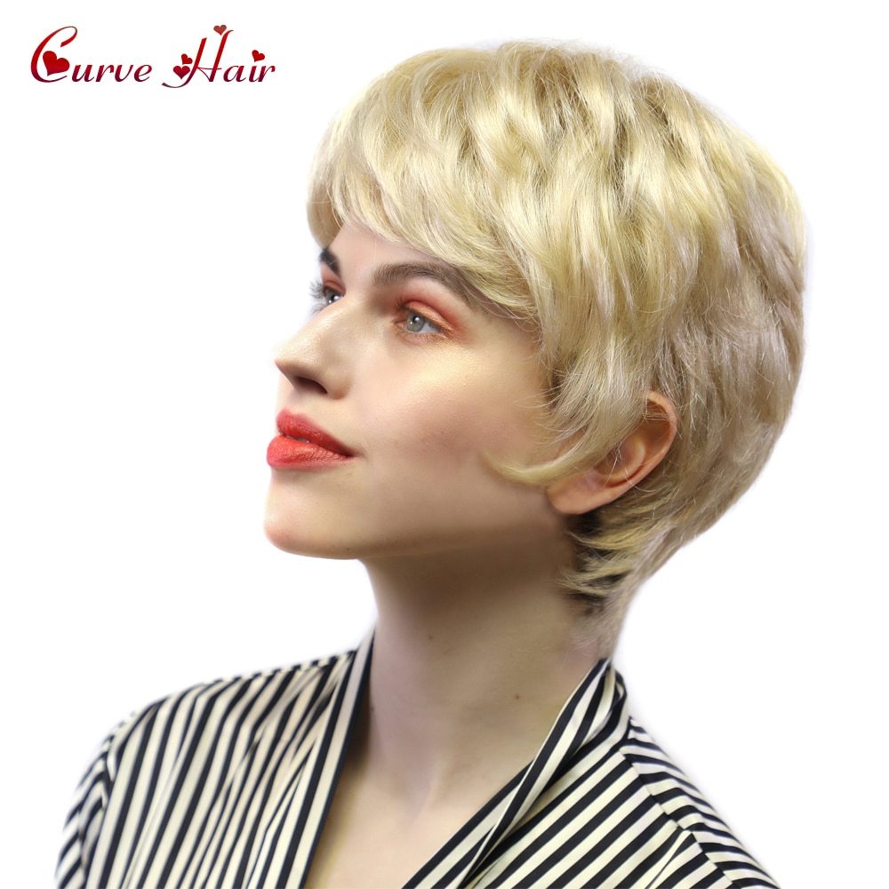 Women's Wig Fashion Blonde Female Short Wig With Bangs Synthetic Hair None Lace Front Hand Tied On Top Natural Look Lady Wigs