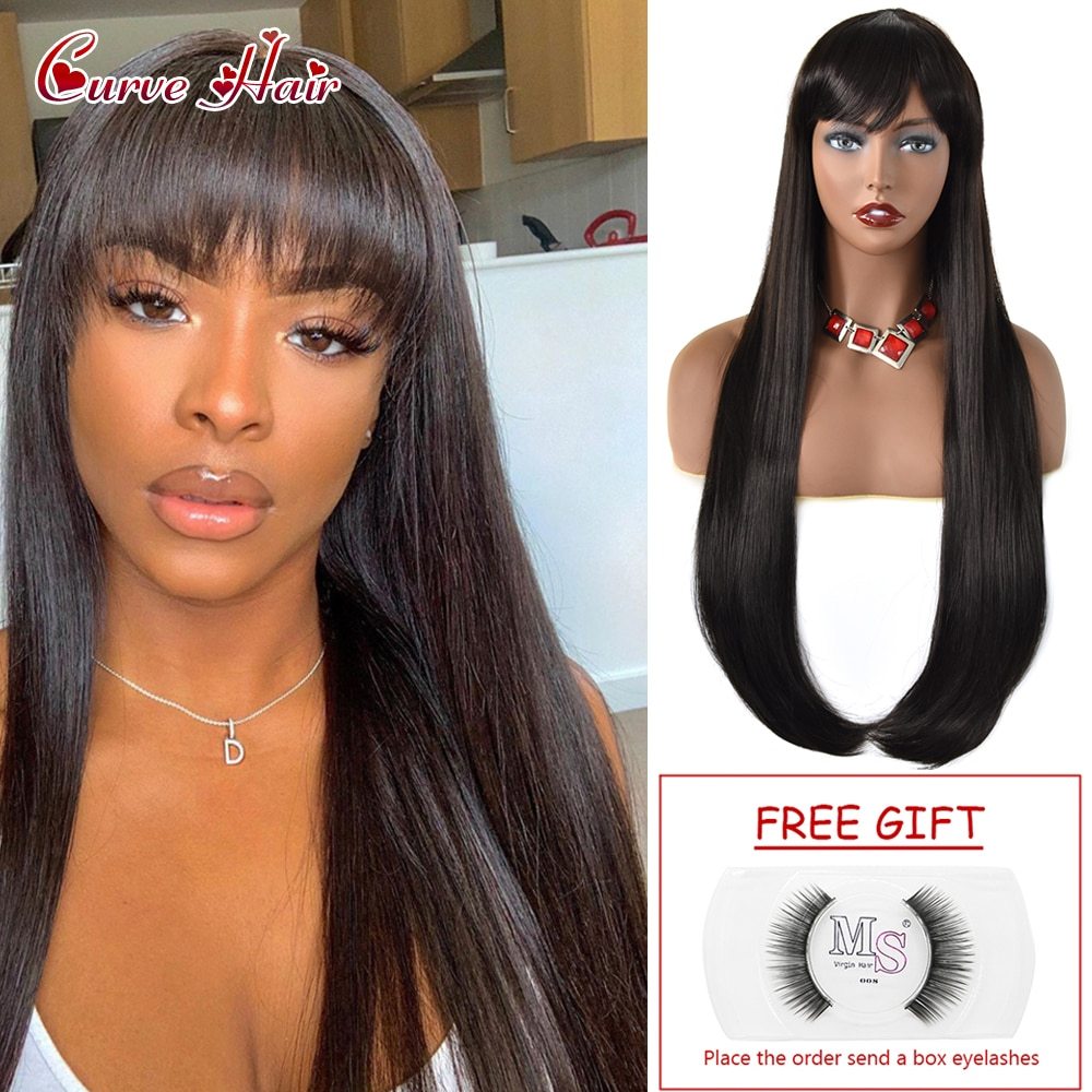 Straight Hair Black Synthetic Wig With Bangs Women's Fashion Female Cosplay Party Christmas 32 Inch Super Long Full Cap Wigs