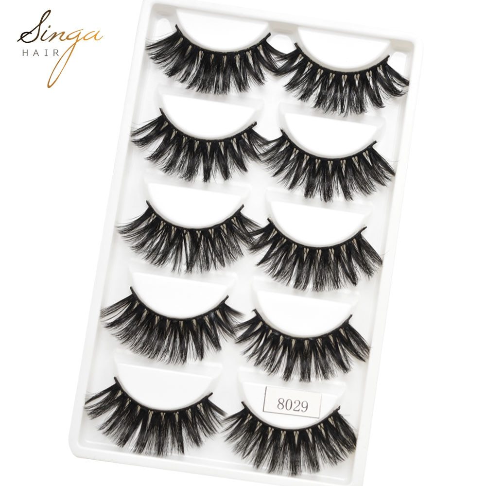 Singahair False Eye Lashes Extension 5 Pairs Hand Made 3D Faux Long Thick Individual Strip Eyelashes Makeup Natural Eyelash