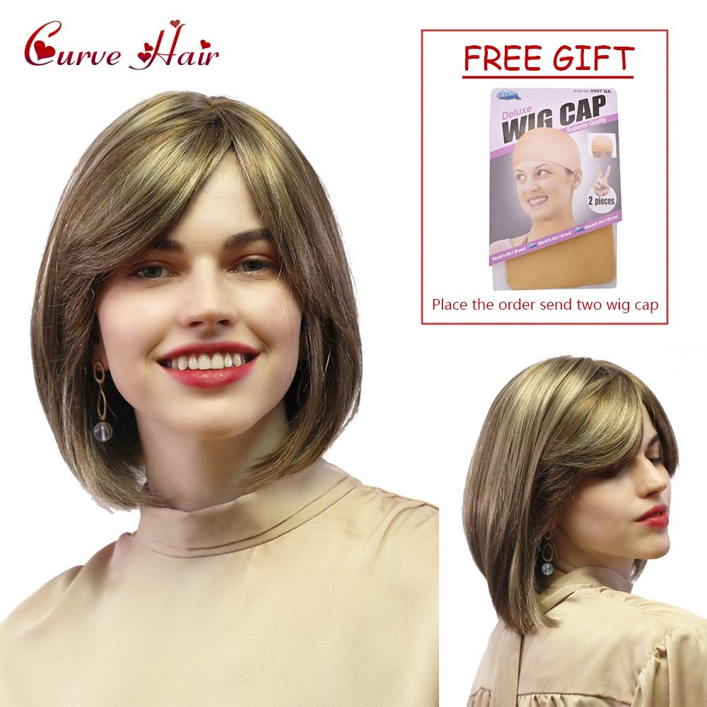 Synthetic Hair Wig Lady Short Wigs Brown Blonde Wig With Side Bangs Low Temperature Fiber Hand Tied Monofilament  Women Wigs