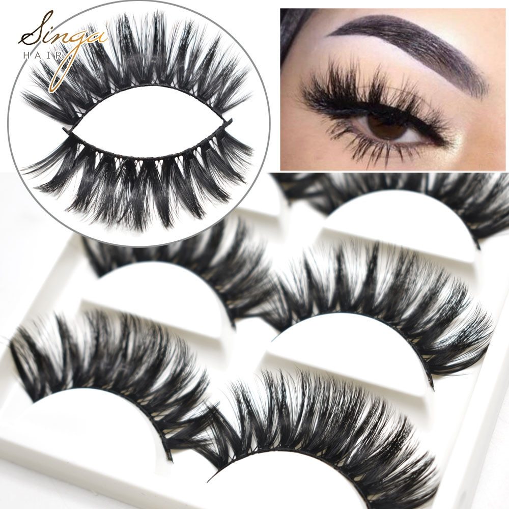 Singahair False Eye Lashes Extension 5 Pairs Hand Made 3D Faux Long Thick Individual Strip Eyelashes Makeup Natural Eyelash
