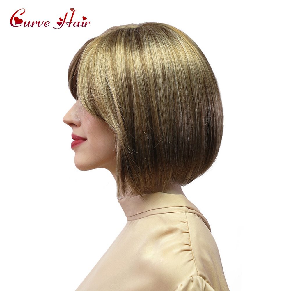 Synthetic Hair Wig Lady Short Wigs Brown Blonde Wig With Side Bangs Low Temperature Fiber Hand Tied Monofilament  Women Wigs