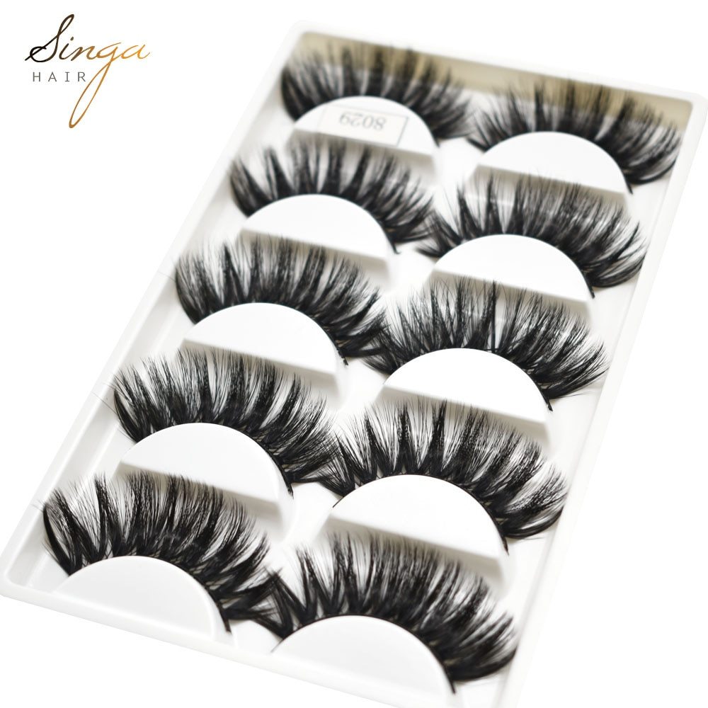 Singahair False Eye Lashes Extension 5 Pairs Hand Made 3D Faux Long Thick Individual Strip Eyelashes Makeup Natural Eyelash