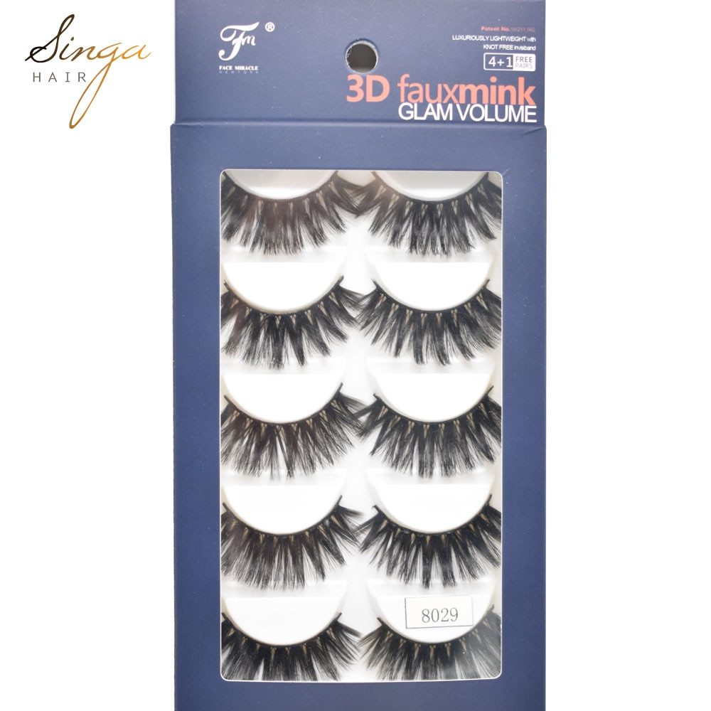 Singahair False Eye Lashes Extension 5 Pairs Hand Made 3D Faux Long Thick Individual Strip Eyelashes Makeup Natural Eyelash