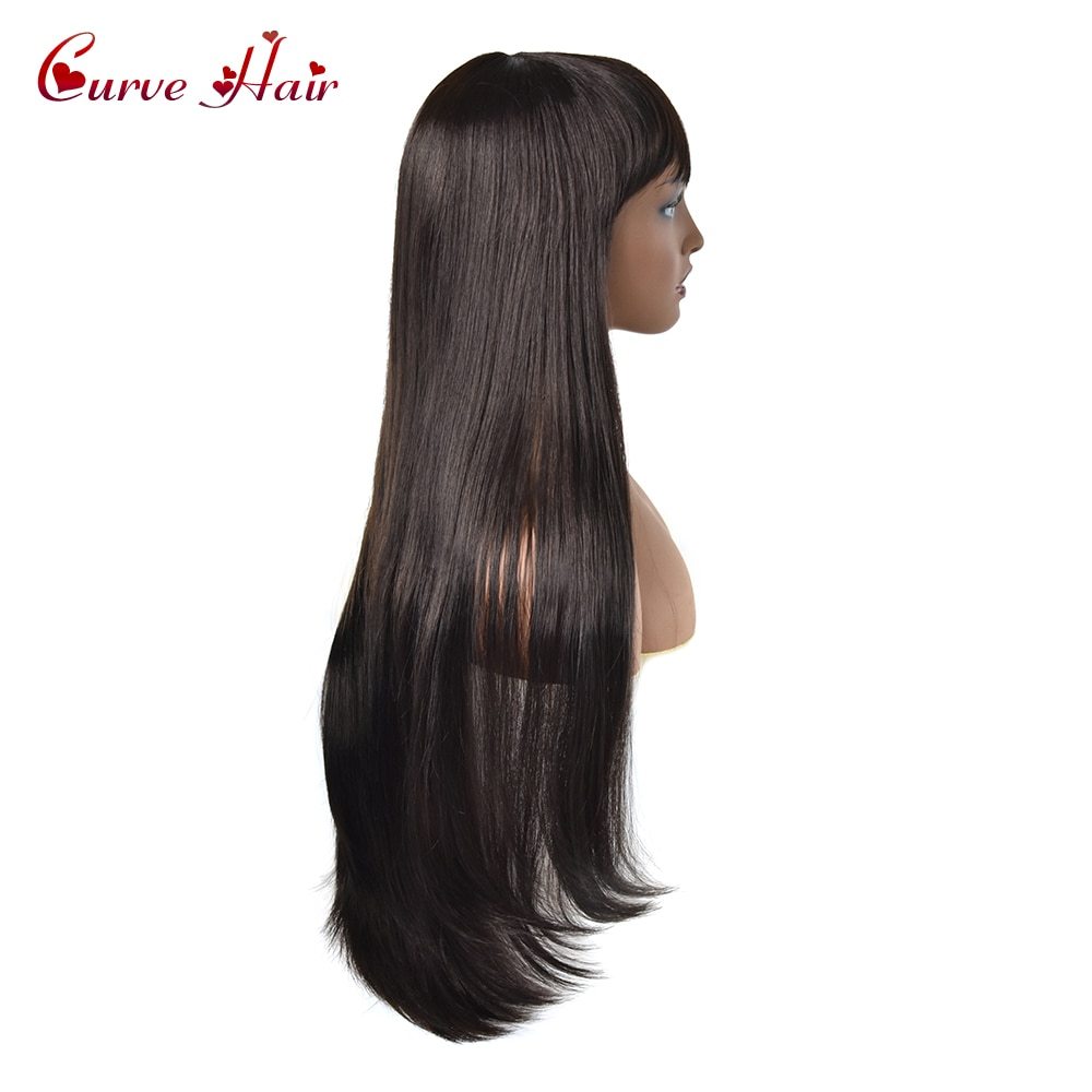 Straight Hair Black Synthetic Wig With Bangs Women's Fashion Female Cosplay Party Christmas 32 Inch Super Long Full Cap Wigs
