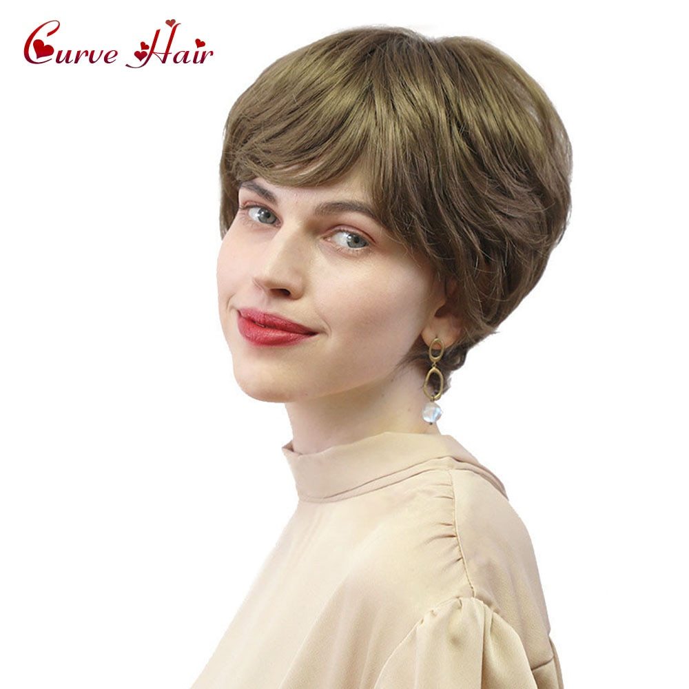 Fashion Synthetic Short Women Wig Hand Tied On Top Lace Front Female Wigs Natural Hairline White Lady Hairpieces Brown Blonde