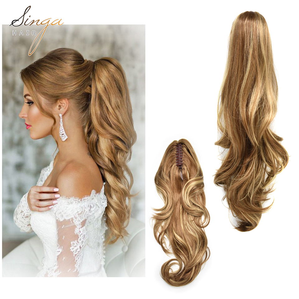 Synthetic Jaw Poytail Wig 22" Long Wavy Hairpiece Claw Clip In/On PonyTail Drawstring Hair Extension Heat Resistant Blonde Color
