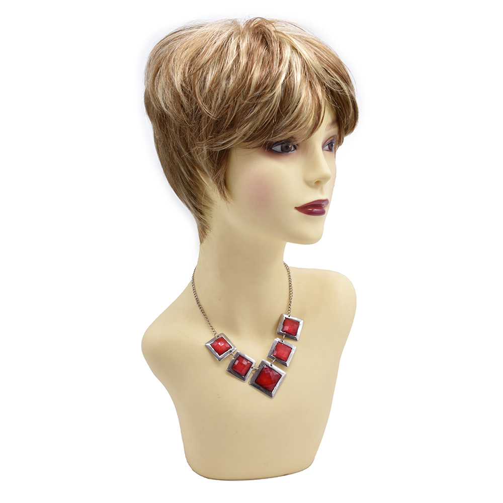 Synthetic Short Wavy Wig Light Brown Blond Mixed Color Natural Looking Heat Resistant Kanekalon Hair Daily Used Wigs Full Cap