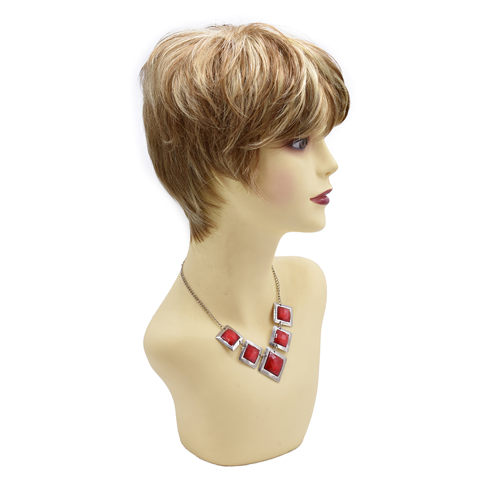 Synthetic Short Wavy Wig Light Brown Blond Mixed Color Natural Looking Heat Resistant Kanekalon Hair Daily Used Wigs Full Cap
