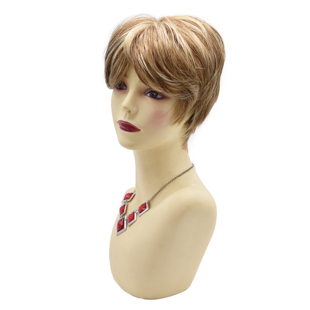 Synthetic Short Wavy Wig Light Brown Blond Mixed Color Natural Looking Heat Resistant Kanekalon Hair Daily Used Wigs Full Cap