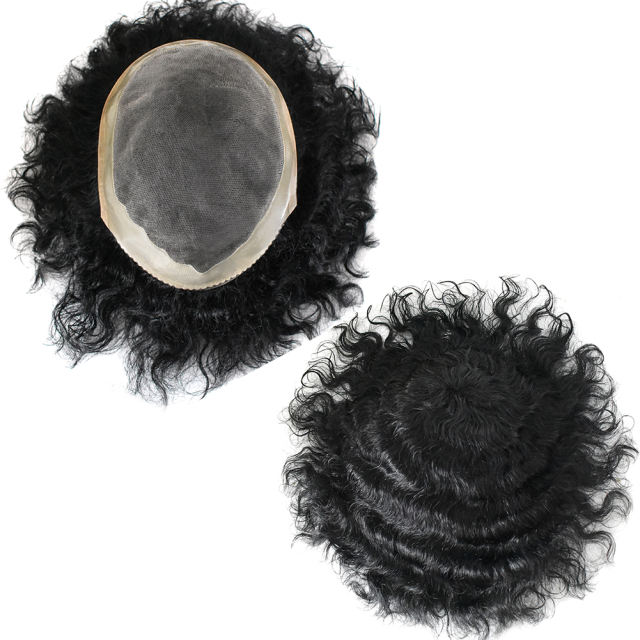 Afro Toupee 20MM Man Weave Hair Unit Black Mens Curly Wig 100% Human Hair African American Toupee for Men Fine Mono Lace Poly Skin Wigs Hair System Replacement