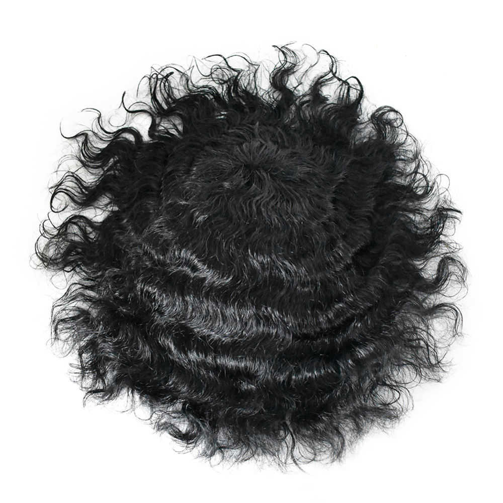 Afro Toupee 20MM Man Weave Hair Unit Black Mens Curly Wig 100% Human Hair African American Toupee for Men Fine Mono Lace Poly Skin Wigs Hair System Replacement