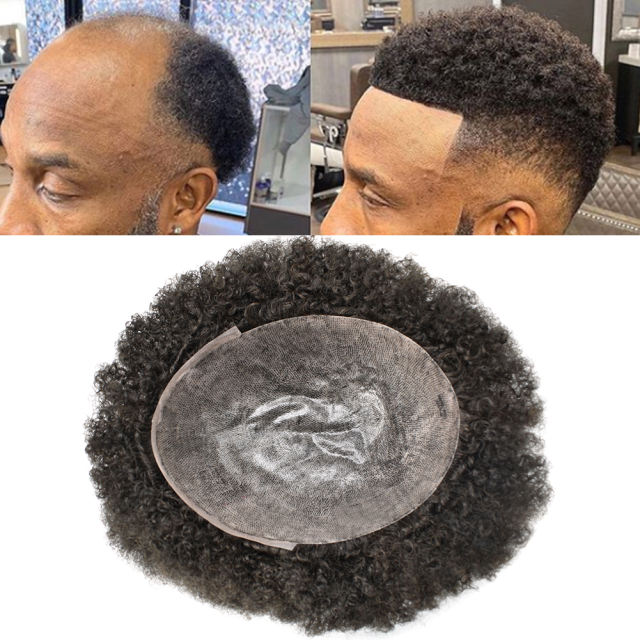 African American Afro Hair Systems Toupee For Black Men Brazilian Remy Human Hair Full Poly THIN SKIN Man Weave Balding Mens Custom Hair Unit 8X10inch Male ALL PU Hair Replacement with weaves