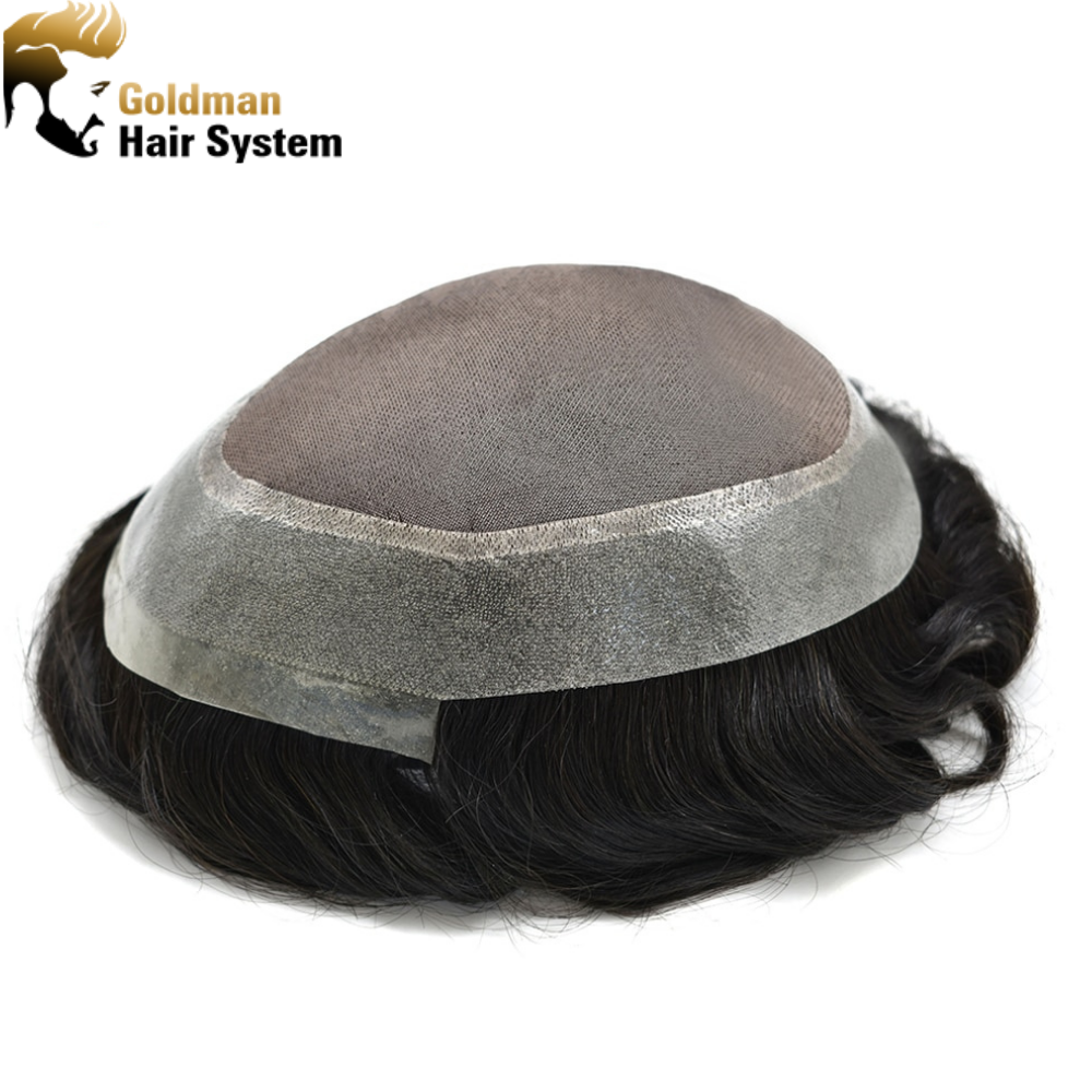 TS-1: Fine Mono Mens Toupee Clear Poly Remy Hair System All Hand Tied Light Medium Density Black Hair Transparent Replacement Wig