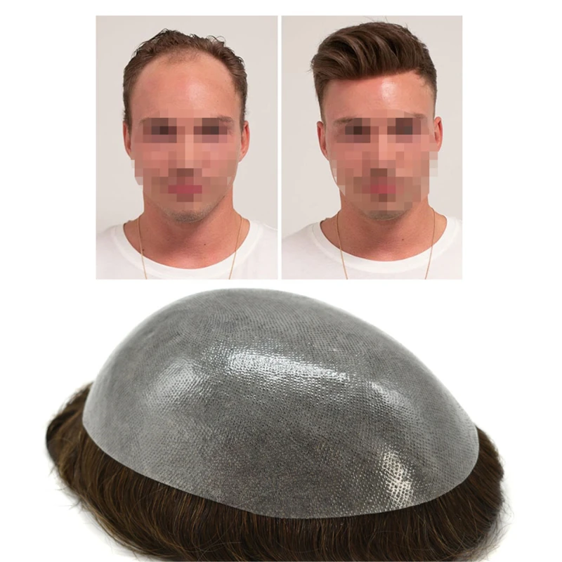 Mens Toupee Super Soft Thin Skin Men's Toupee Real Human Hair Pieces for Men Black Brown Blonde Gray V-loop 0.1-0.12mm Medium PU Thickness Durable Full Poly Replacement For Men