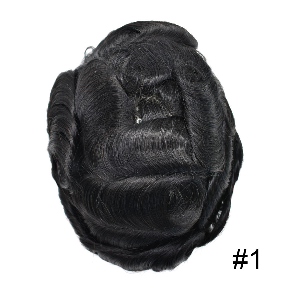 Mens Toupee Super Soft Thin Skin Men's Toupee Real Human Hair Pieces for Men Black Brown Blonde Gray V-loop 0.1-0.12mm Medium PU Thickness Durable Full Poly Replacement For Men